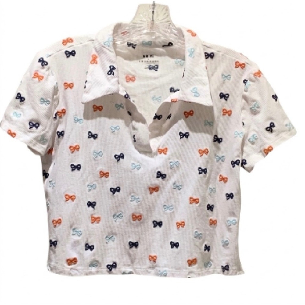Maeve Anthropologie Polo Shirt Womens L Embroidered Bow Cropped Tennis Prep